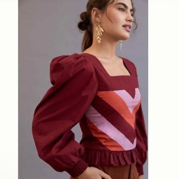 Anthropologie Love the Label Puff Sleeve Maroon Corset Chevron Detail Sz S - Picture 2 of 12